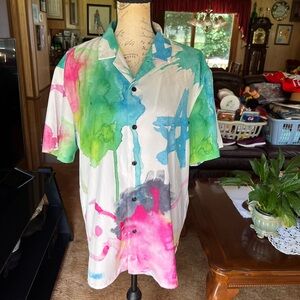 Men’s Vintage PacSun smile and star watercolor splatter button down shirt.